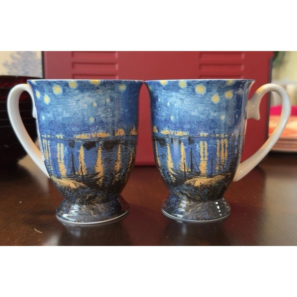 Set Of 2 Starry Night Vincent Van Gogh Tea Mug 10 Oz Bone China By Stechcol